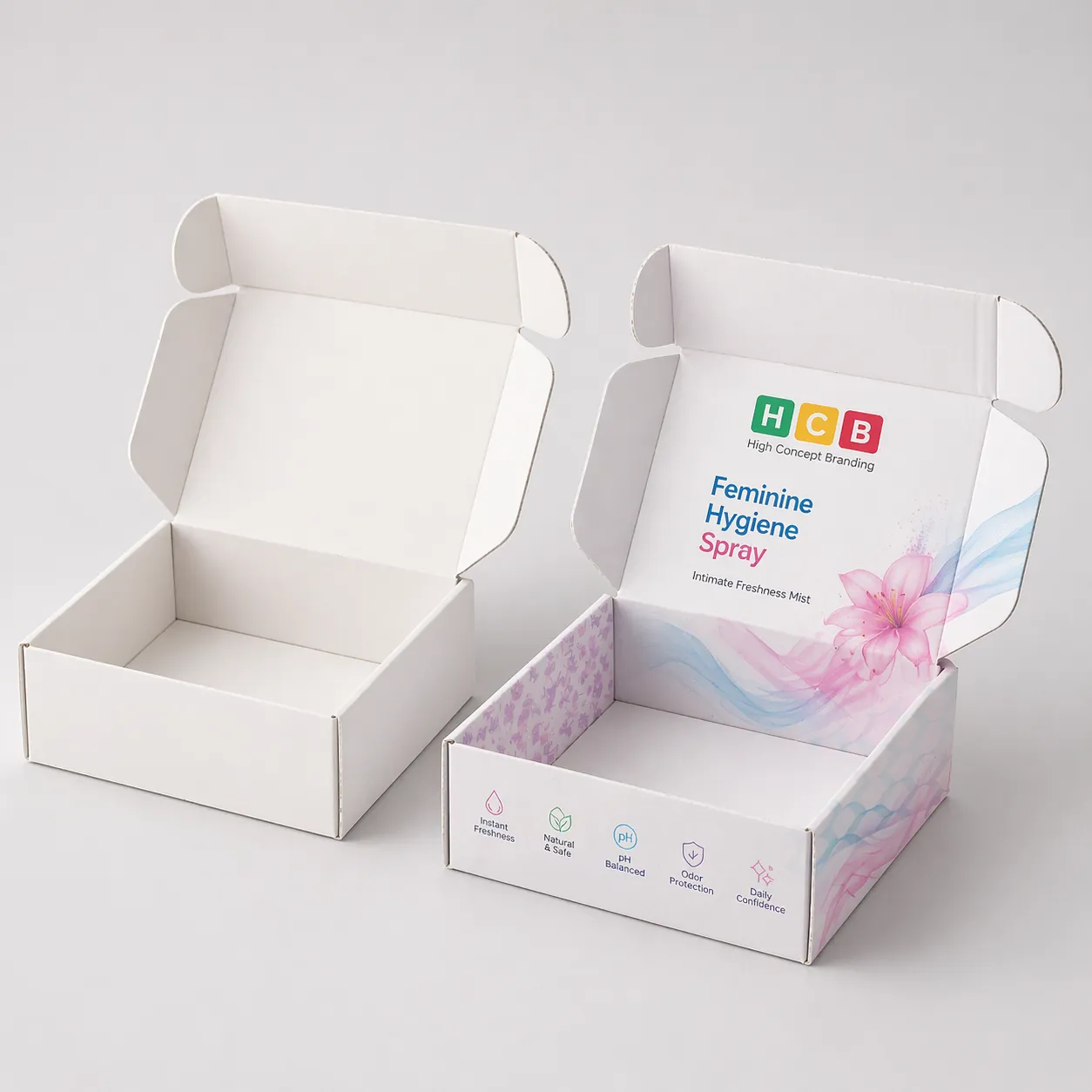 Two tall rectangular boxes, one blank white and one featuring elegant blue floral product designs. class=